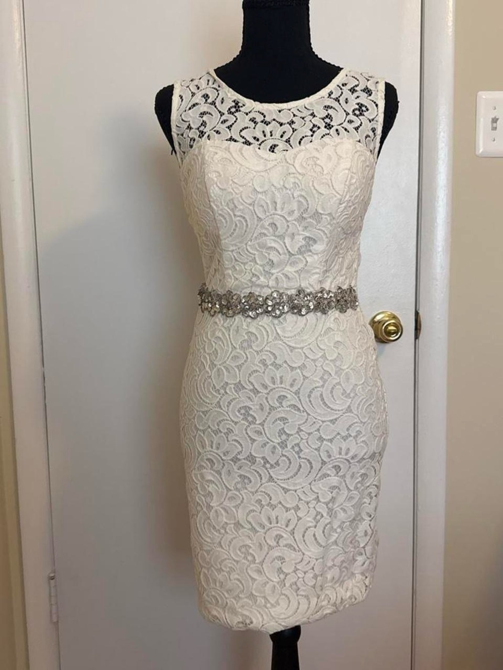City Studio Ivory Lace Rhinestone Waist Bodycon Dress Size 3 Open Back
